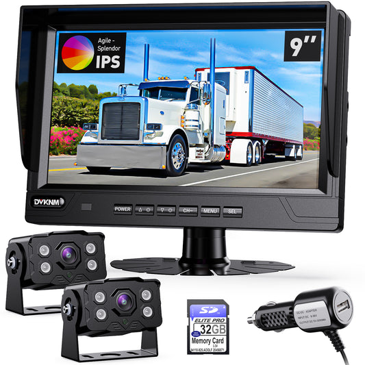 DVKNM Ultimate 9"AHD-IPS Monitor 1080P HD-DVR Recording, Dual Split Backup Camera Complete Kit for Car, Truck, RV,IP69K Waterproof Camera,Sharp Rear View,Split Image,Included SD Card, Easy DIY Install
